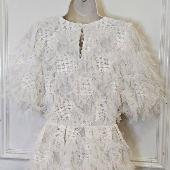 Endless Rose Cream Abstract Textured Mesh Puff Sleeve Mini Dress,Medium - Picture 8 of 16